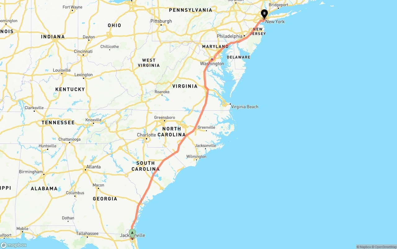 Shipping route from Jacksonville to Port of New York