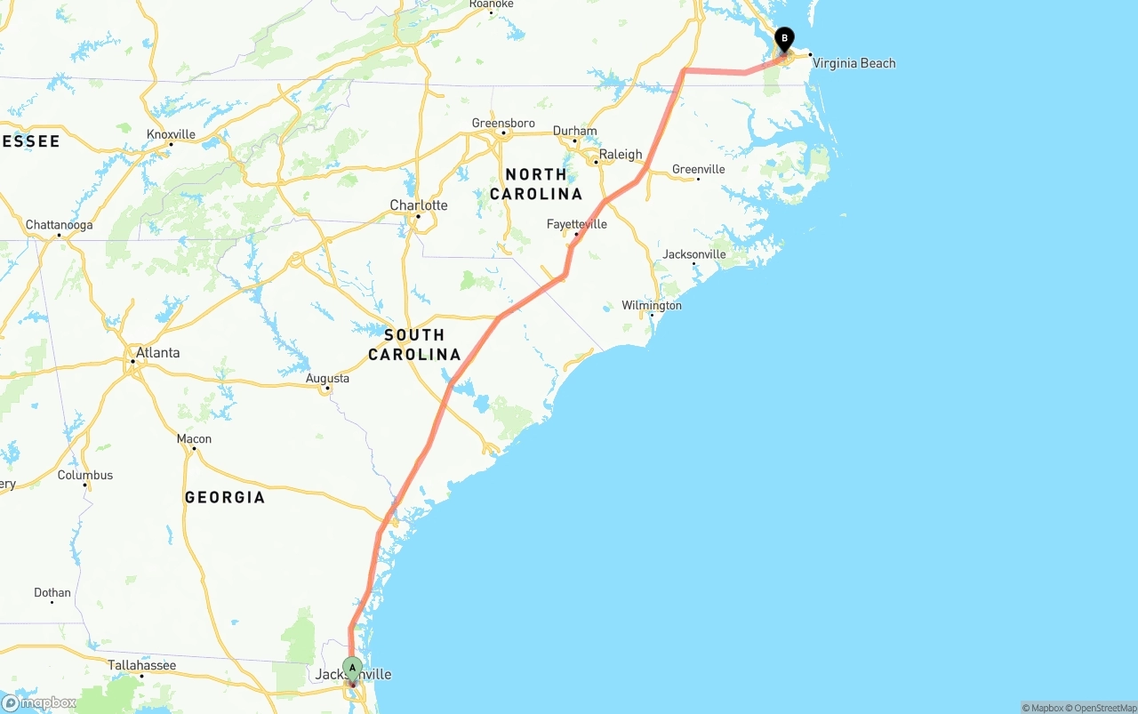 Shipping route from Jacksonville to Port of Norfolk