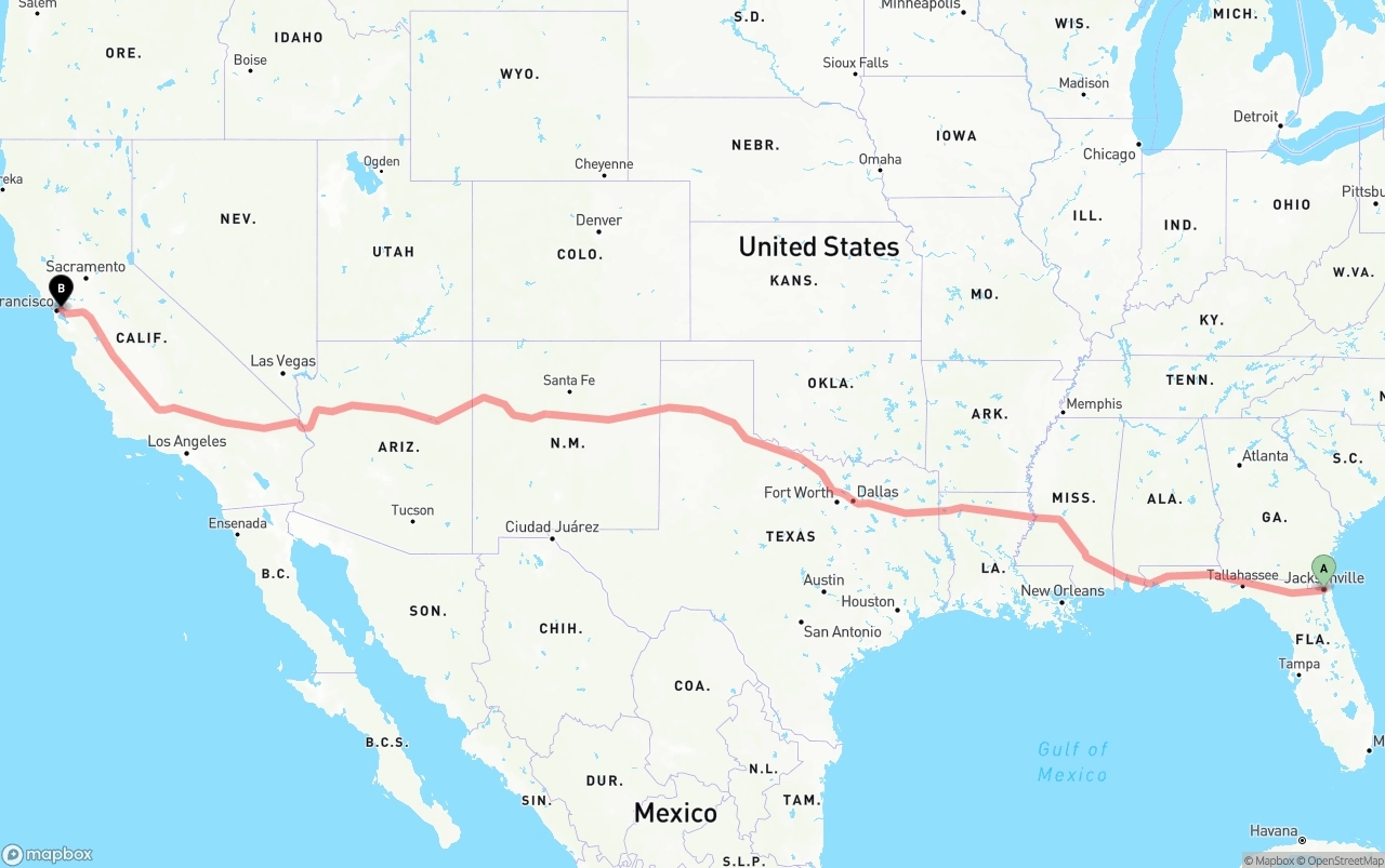 Shipping route from Jacksonville to Port of Oakland
