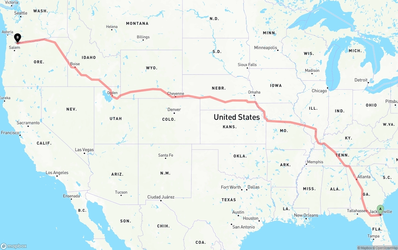 Shipping route from Jacksonville to Portland