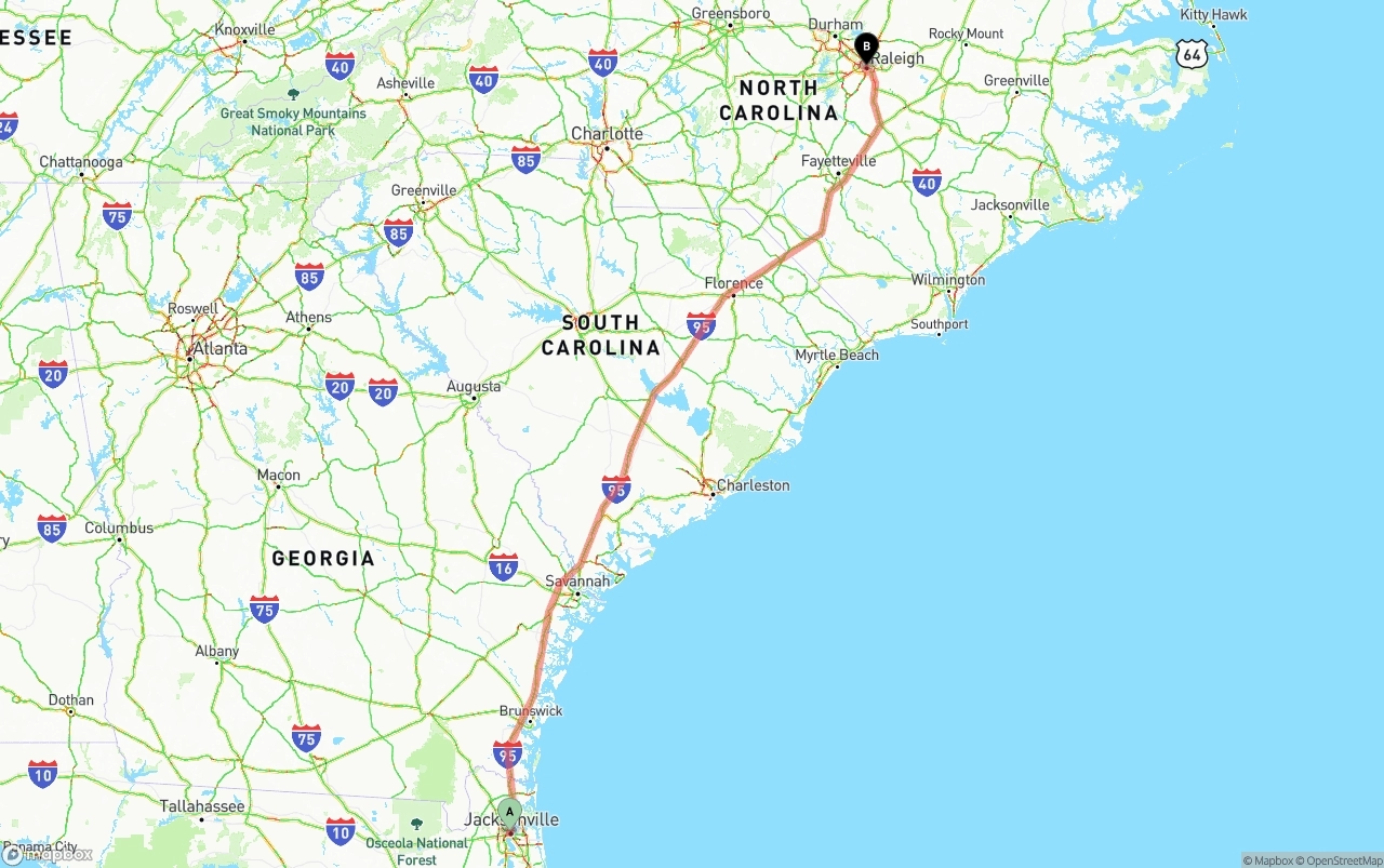 Shipping route from Jacksonville to Raleigh