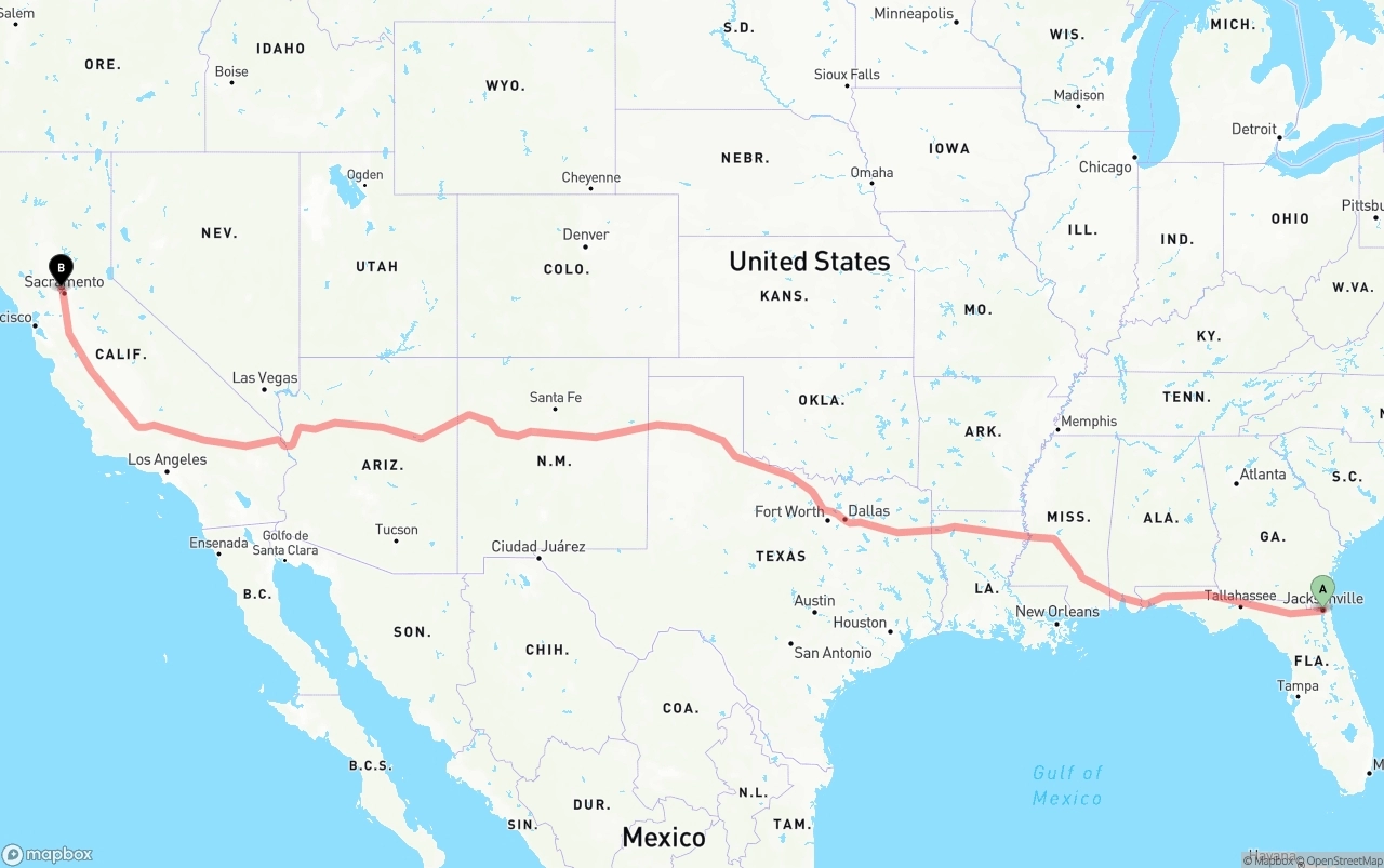 Shipping route from Jacksonville to Sacramento International Airport
