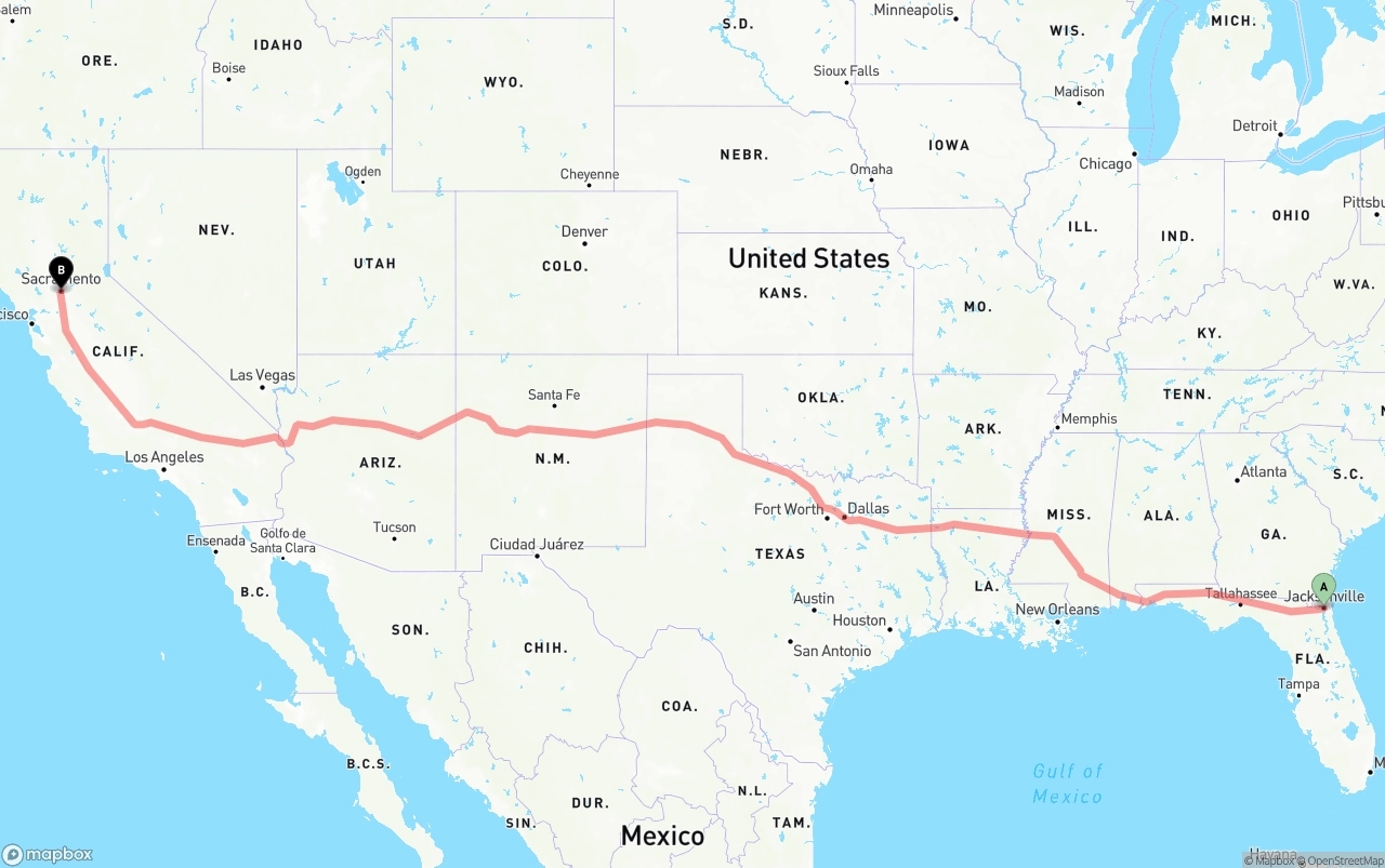 Shipping route from Jacksonville to Sacramento