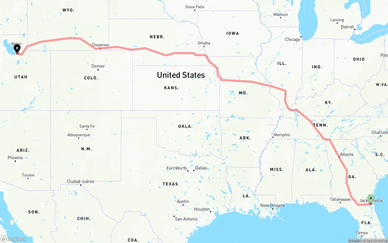 Shipping route from Jacksonville to Salt Lake City