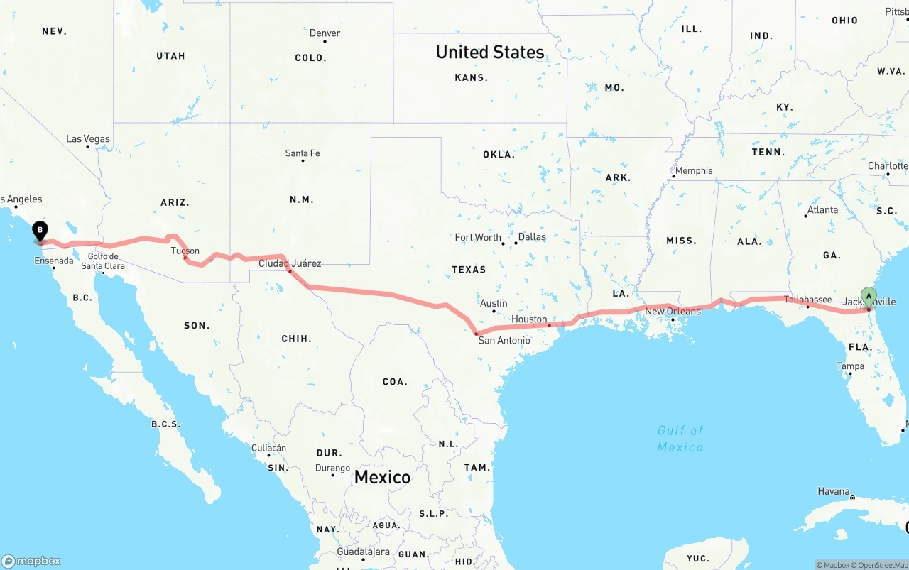 Shipping route from Jacksonville to San Diego International Airport