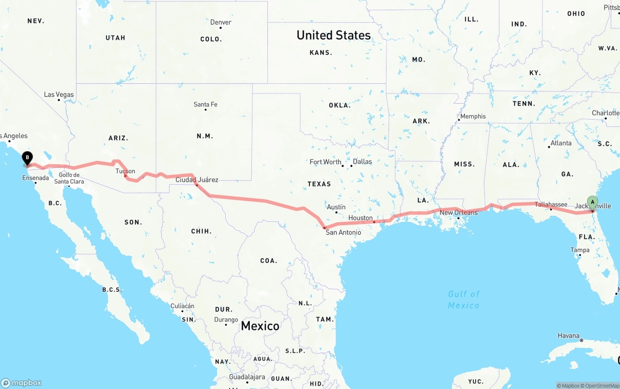 Shipping route from Jacksonville to San Diego
