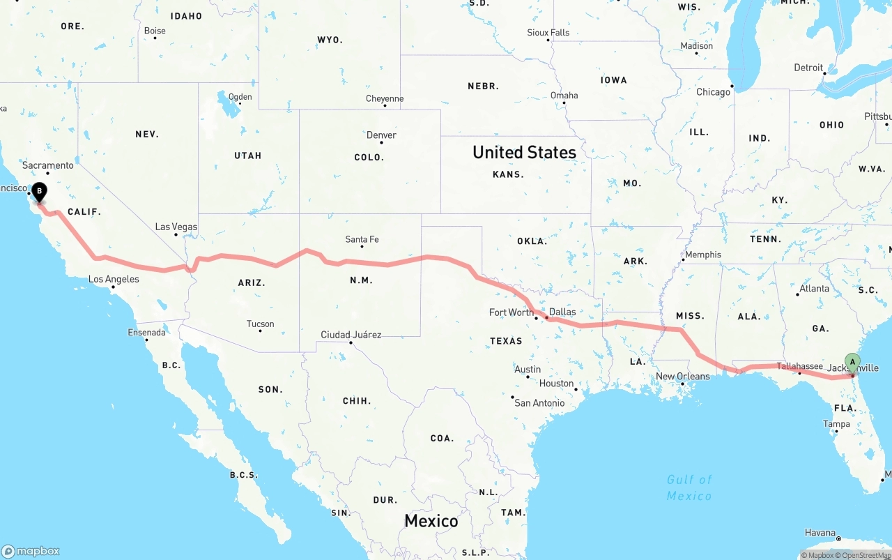 Shipping route from Jacksonville to San Jose