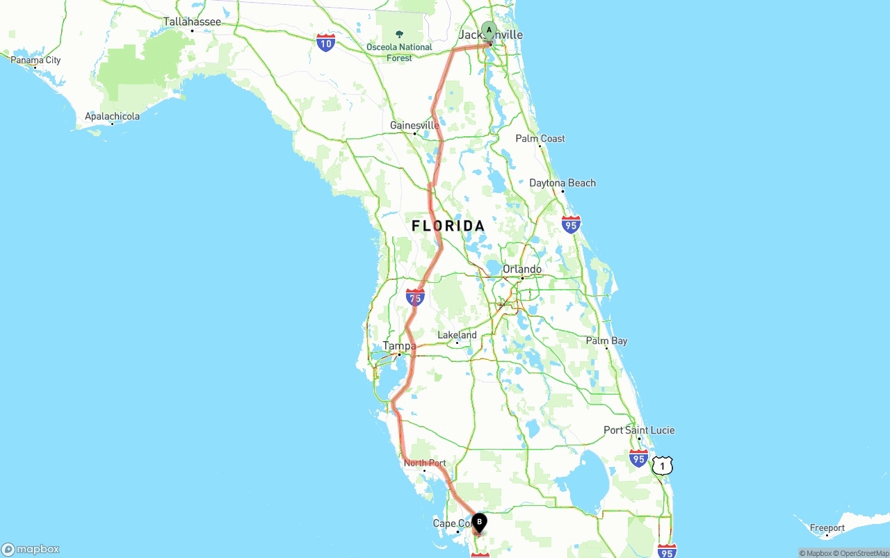 Shipping route from Jacksonville to Southwest Florida International Airport