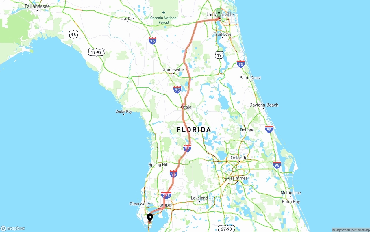 Shipping route from Jacksonville to St. Petersburg