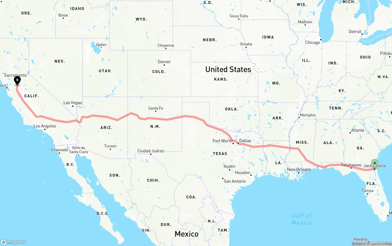 Shipping route from Jacksonville to Stockton