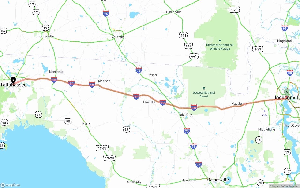 Shipping route from Jacksonville to Tallahassee
