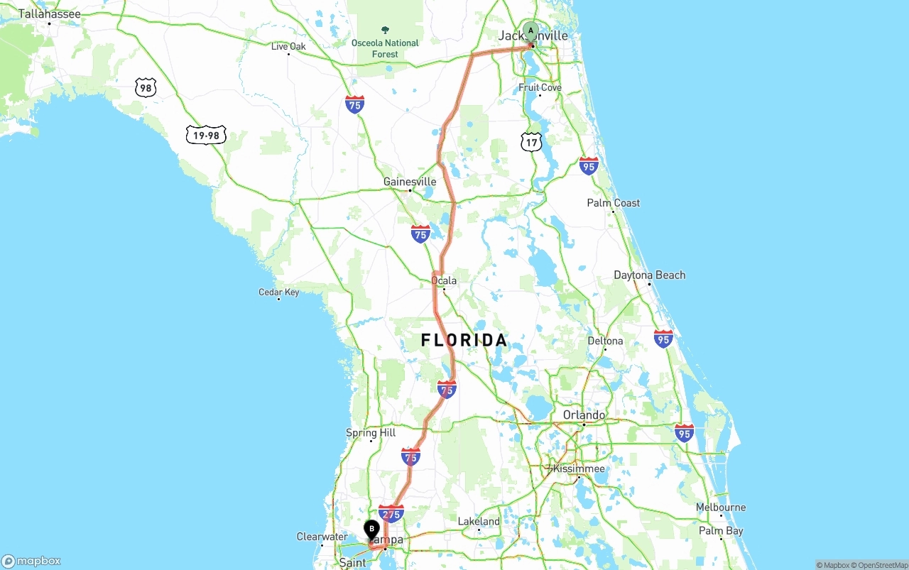 Shipping route from Jacksonville to Tampa International Airport