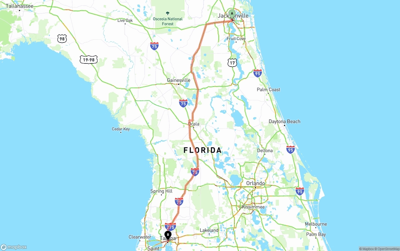 Shipping route from Jacksonville to Tampa