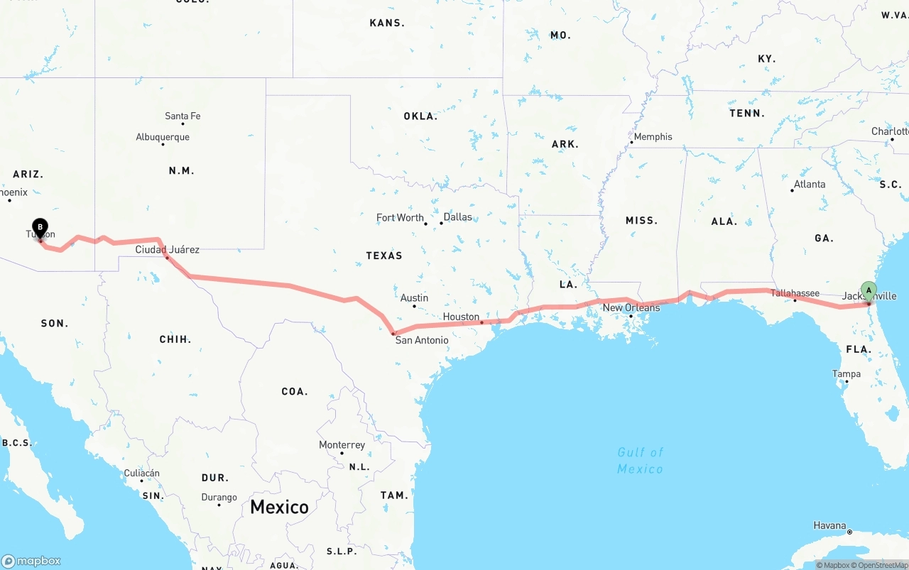 Shipping route from Jacksonville to Tucson
