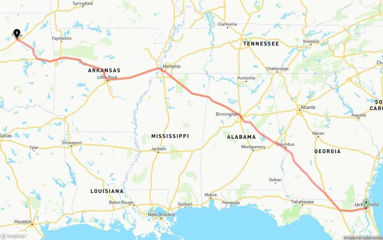 Shipping route from Jacksonville to Tulsa