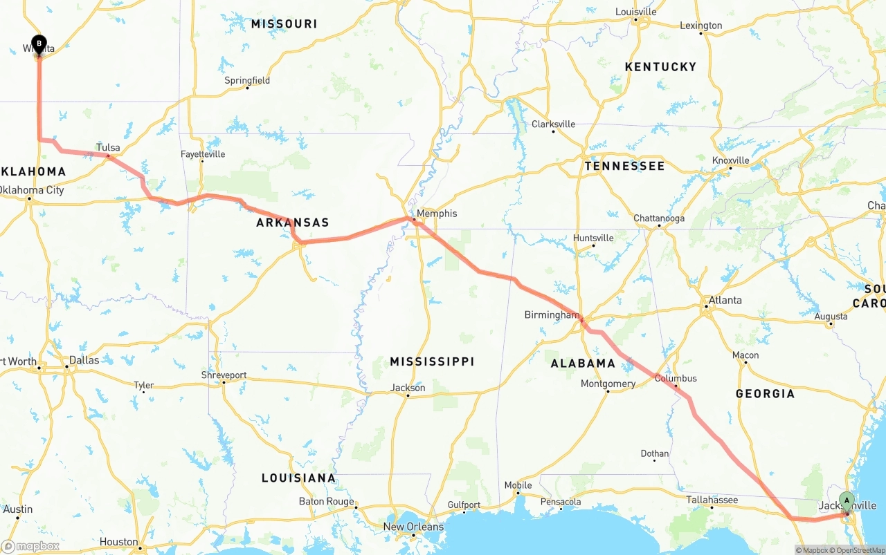 Shipping route from Jacksonville to Wichita