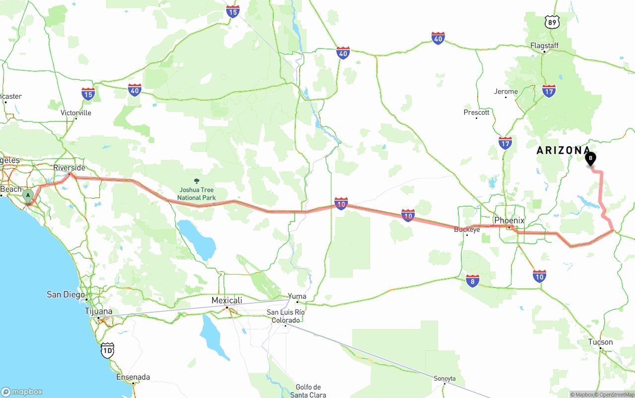 Shipping route from John Wayne Airport — Orange County to Arizona
