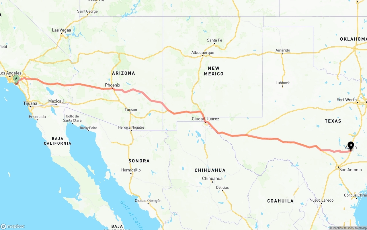 Shipping route from John Wayne Airport — Orange County to Austin