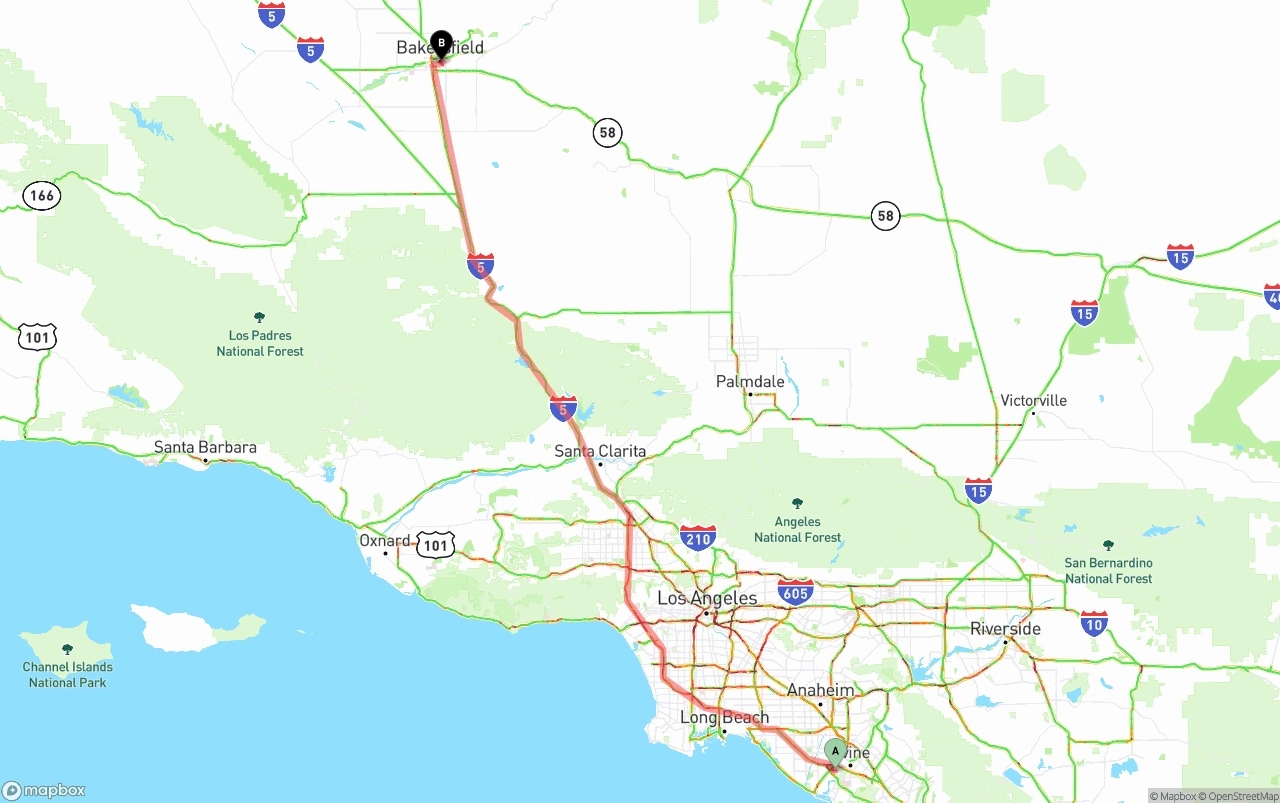 Shipping route from John Wayne Airport — Orange County to Bakersfield
