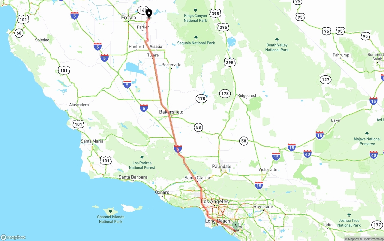 Shipping route from John Wayne Airport — Orange County to California