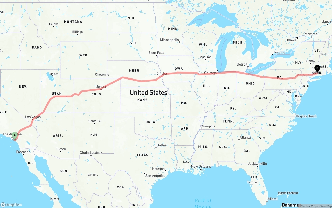 Shipping route from John Wayne Airport — Orange County to Connecticut