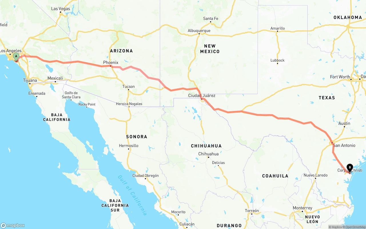 Shipping route from John Wayne Airport — Orange County to Corpus Christi