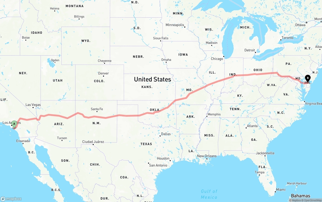 Shipping route from John Wayne Airport — Orange County to Delaware