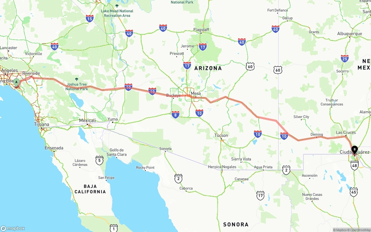 Shipping route from John Wayne Airport — Orange County to El Paso