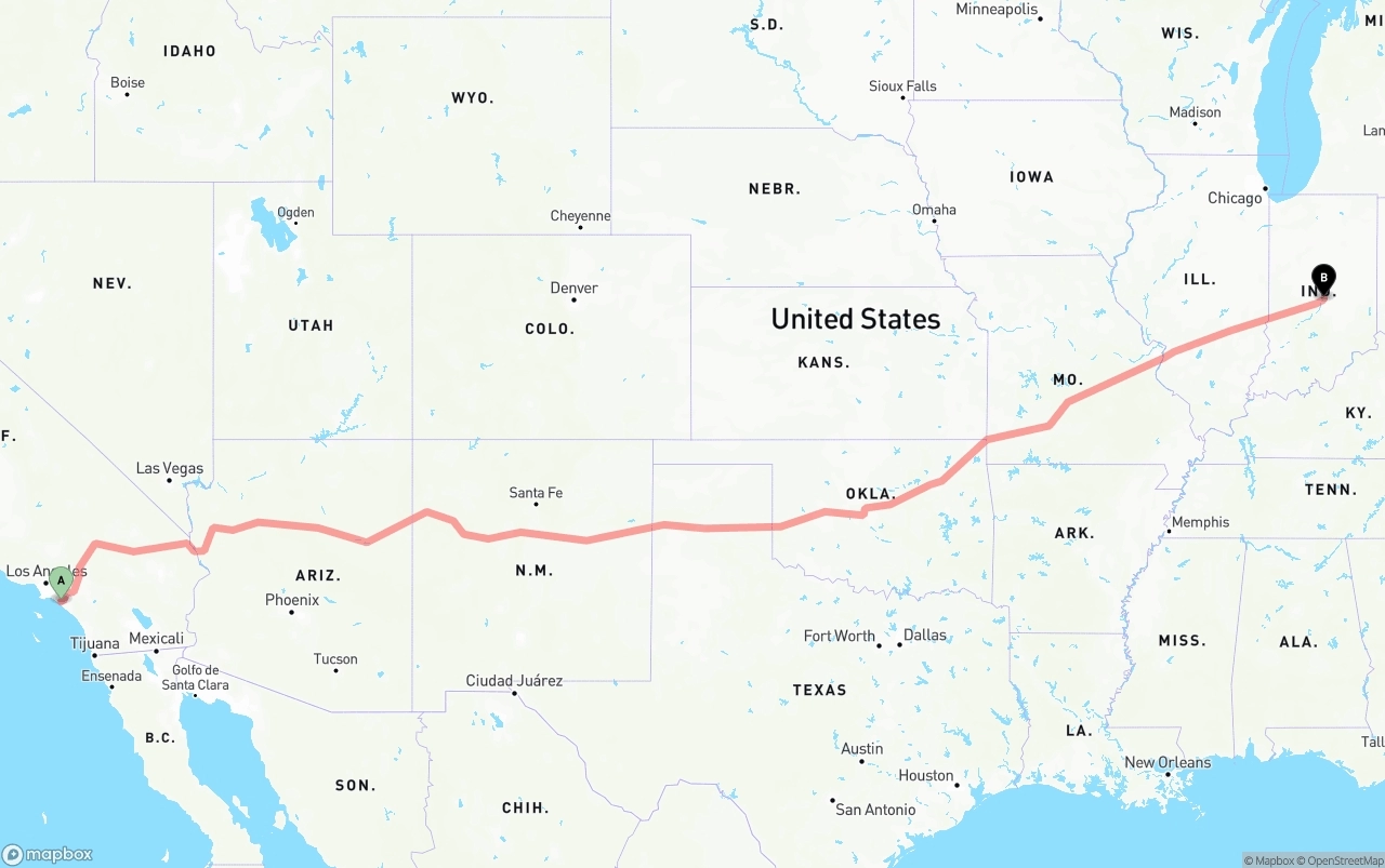 Shipping route from John Wayne Airport — Orange County to Indianapolis