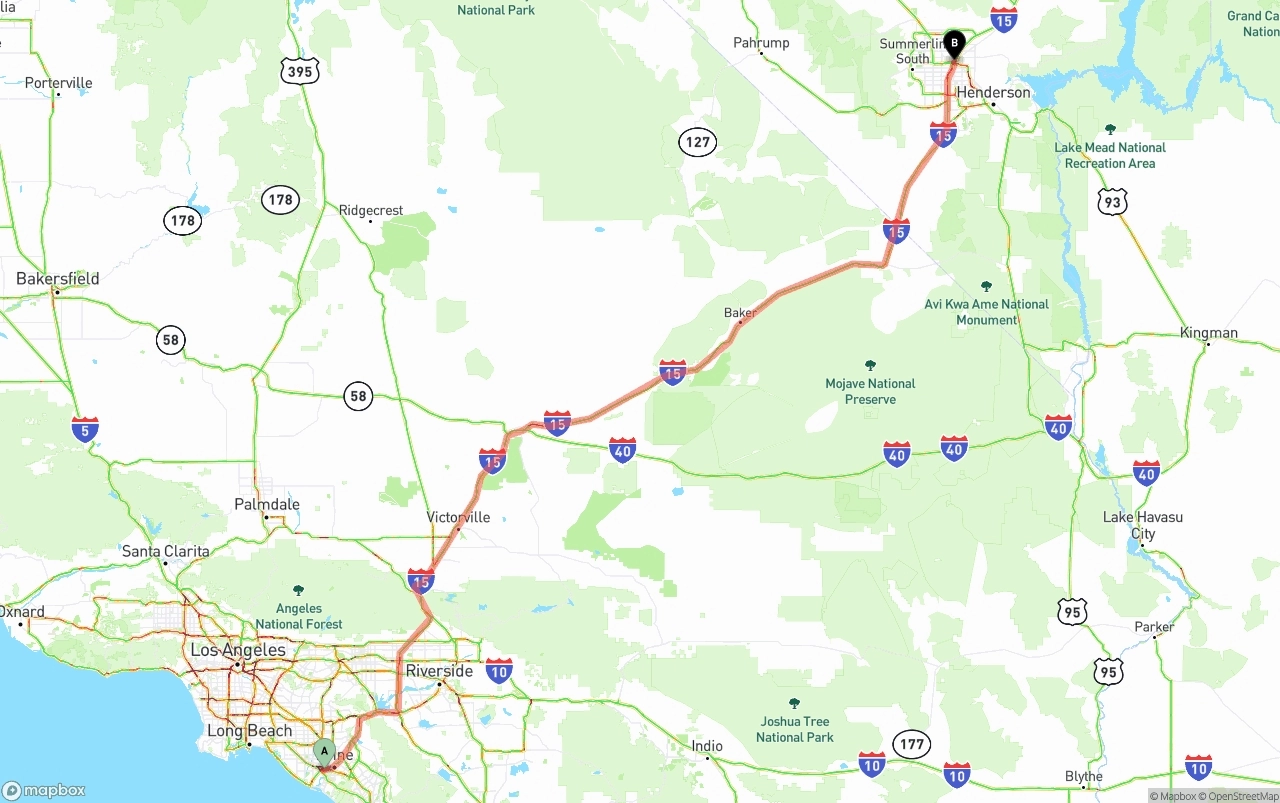Shipping route from John Wayne Airport — Orange County to Las Vegas