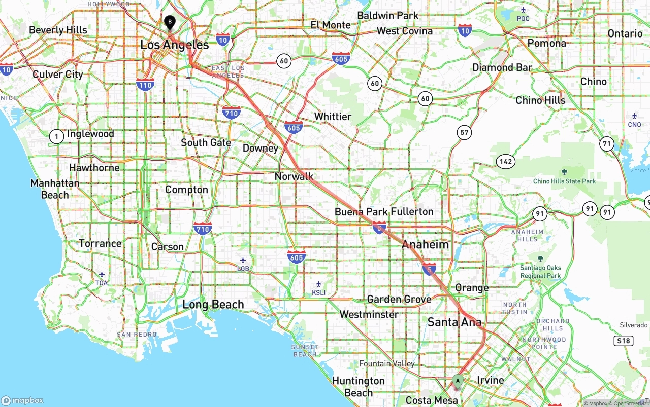 Shipping route from John Wayne Airport — Orange County to Los Angeles