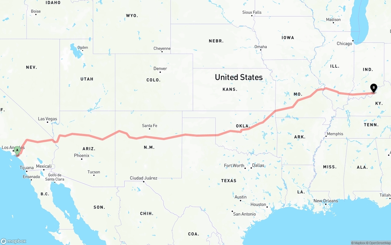 Shipping route from John Wayne Airport — Orange County to Louisville