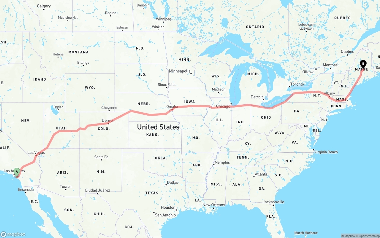 Shipping route from John Wayne Airport — Orange County to Maine