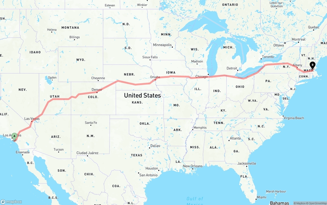 Shipping route from John Wayne Airport — Orange County to Massachusetts
