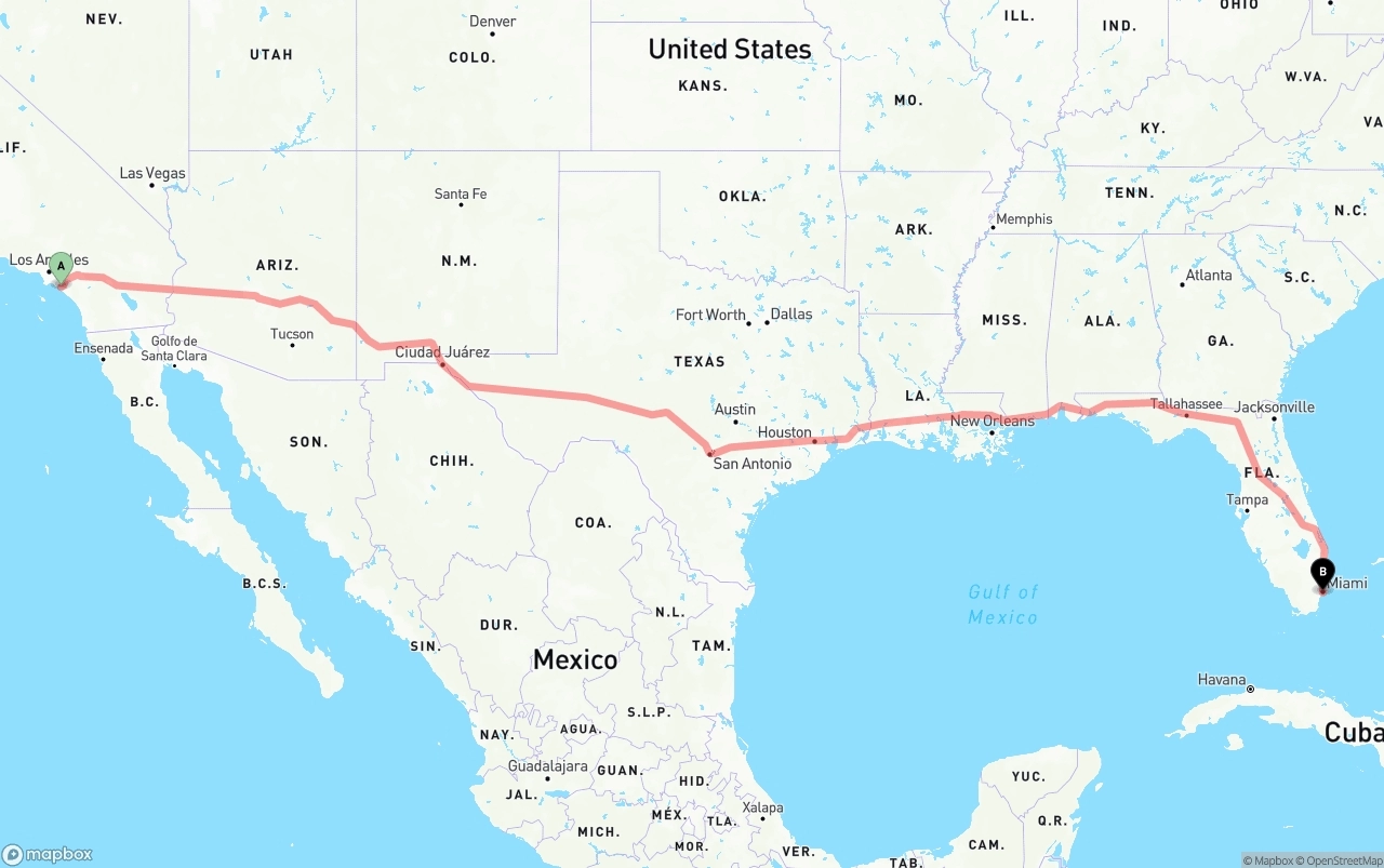 Shipping route from John Wayne Airport — Orange County to Miami
