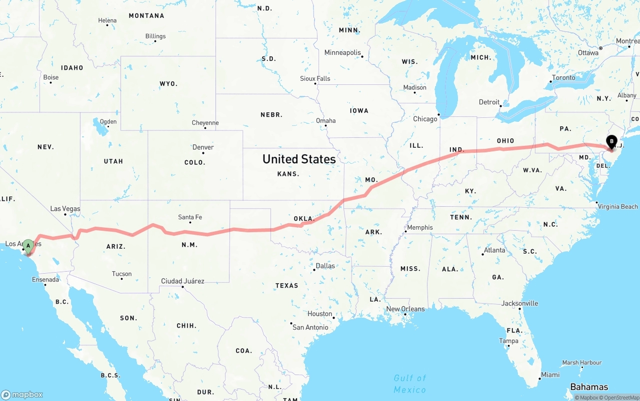 Shipping route from John Wayne Airport — Orange County to New Jersey