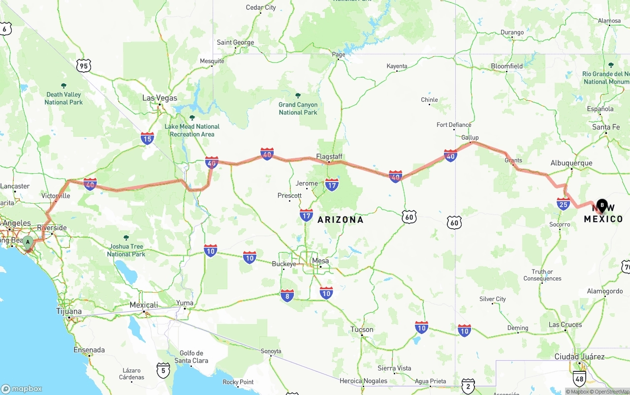 Shipping route from John Wayne Airport — Orange County to New Mexico
