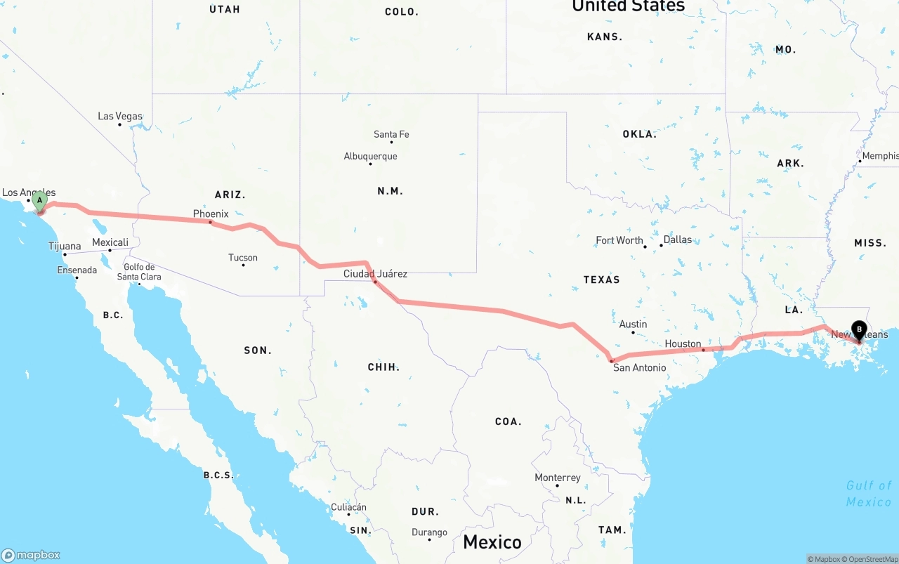 Shipping route from John Wayne Airport — Orange County to New Orleans