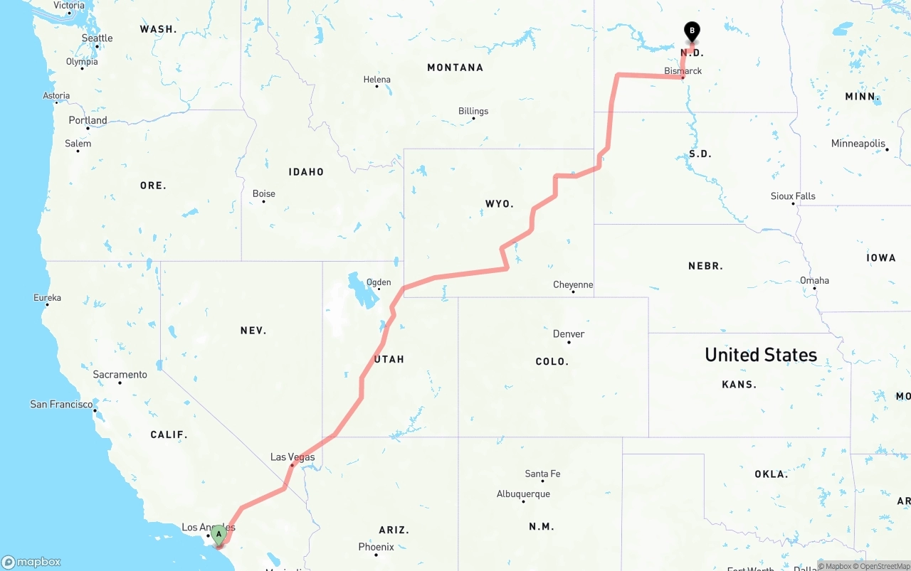 Shipping route from John Wayne Airport — Orange County to North Dakota