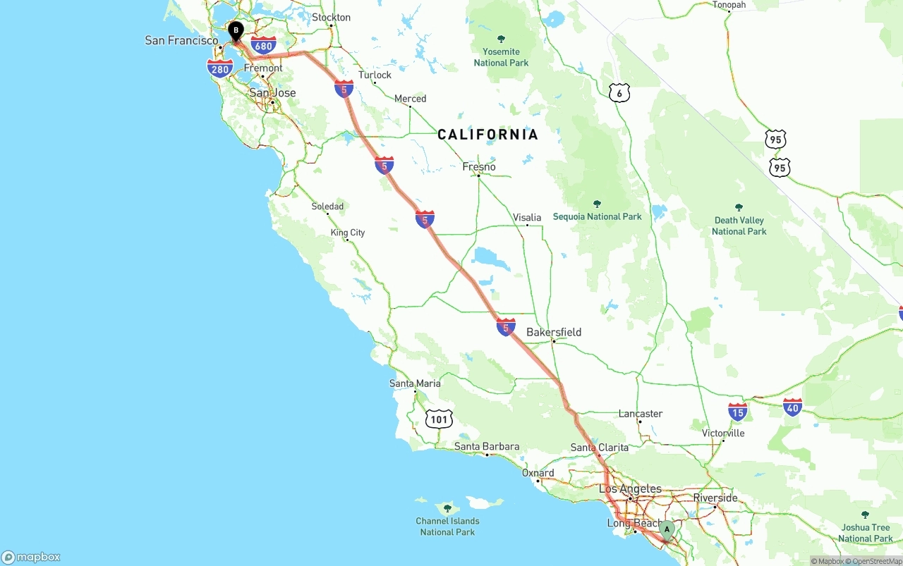 Shipping route from John Wayne Airport — Orange County to Oakland