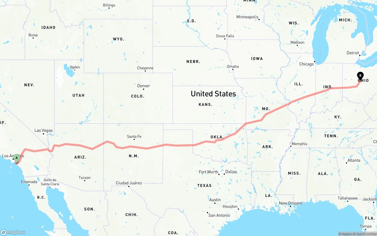 Shipping route from John Wayne Airport — Orange County to Ohio