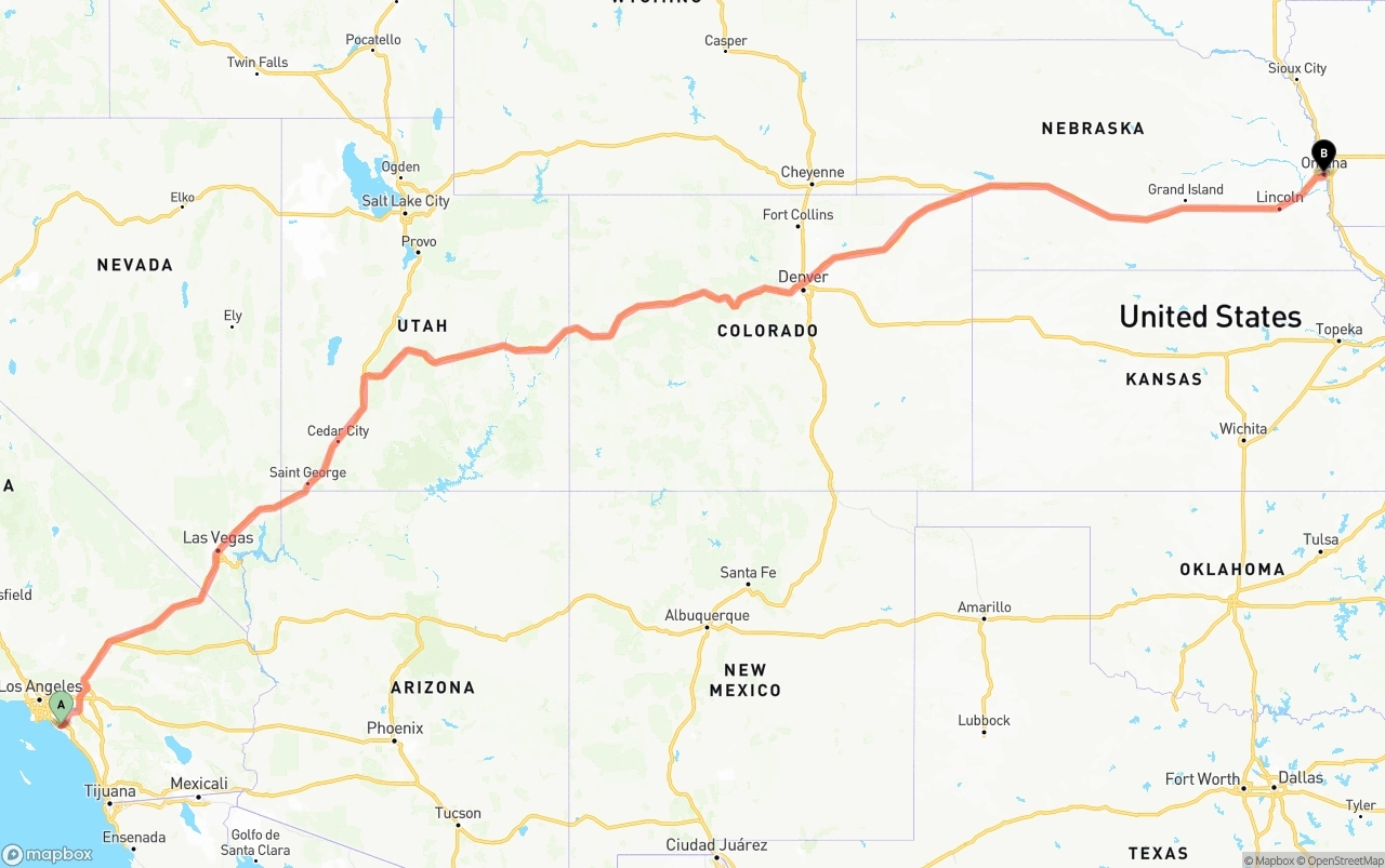 Shipping route from John Wayne Airport — Orange County to Omaha