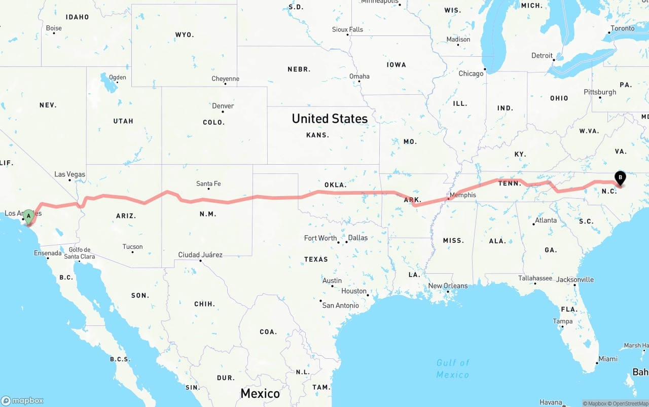 Shipping route from John Wayne Airport — Orange County to Raleigh