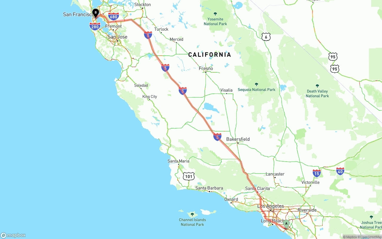Shipping route from John Wayne Airport — Orange County to San Francisco
