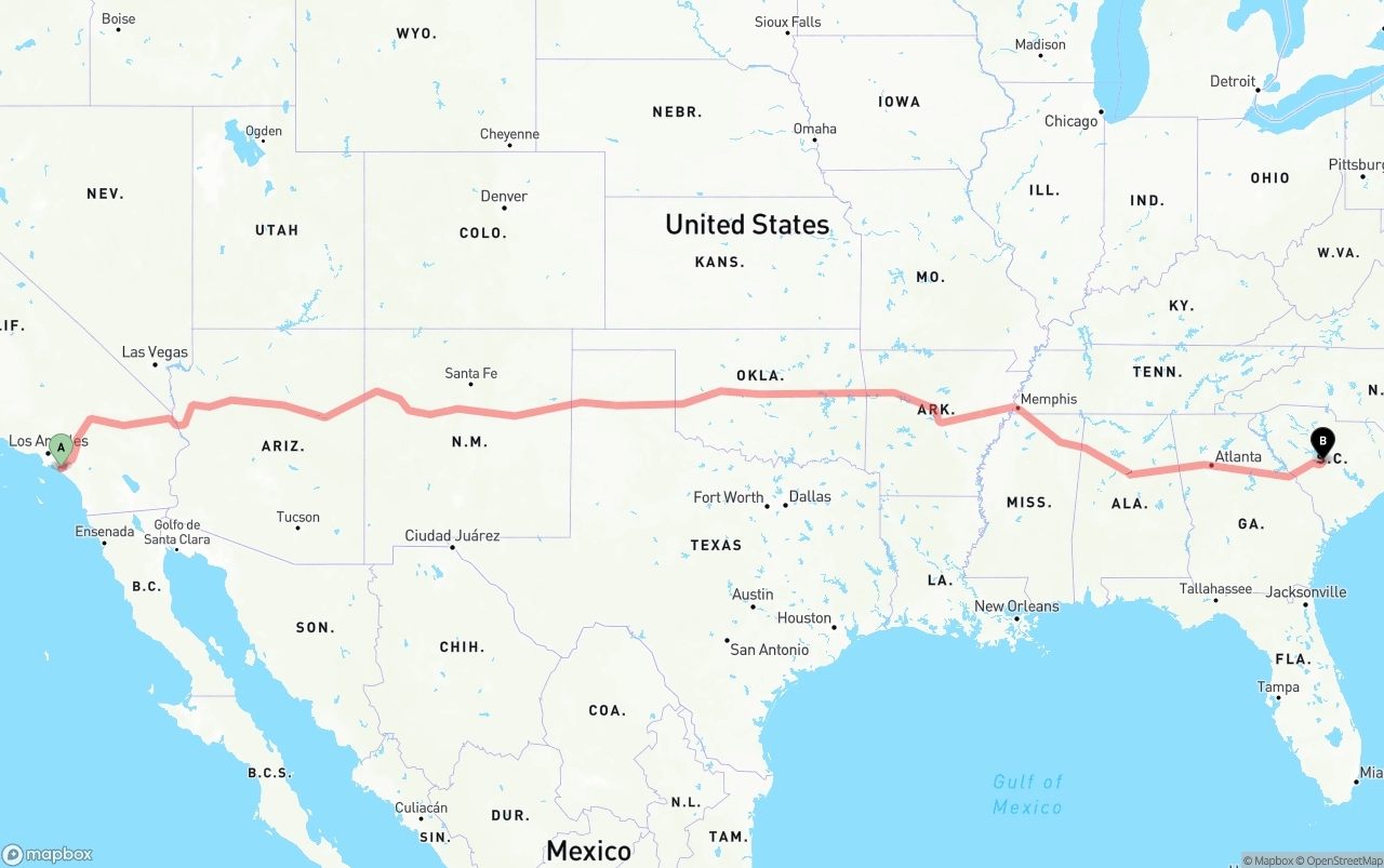 Shipping route from John Wayne Airport — Orange County to South Carolina