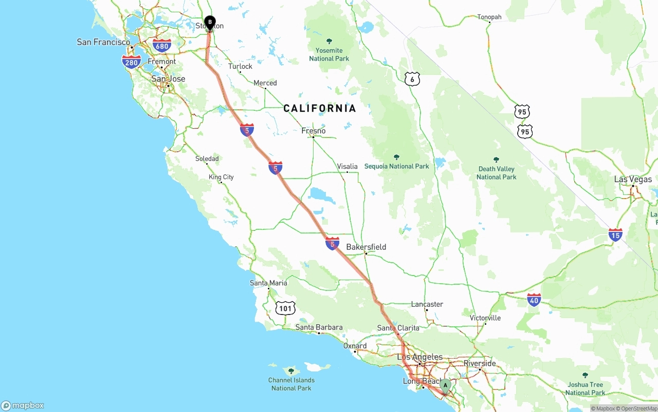 Shipping route from John Wayne Airport — Orange County to Stockton