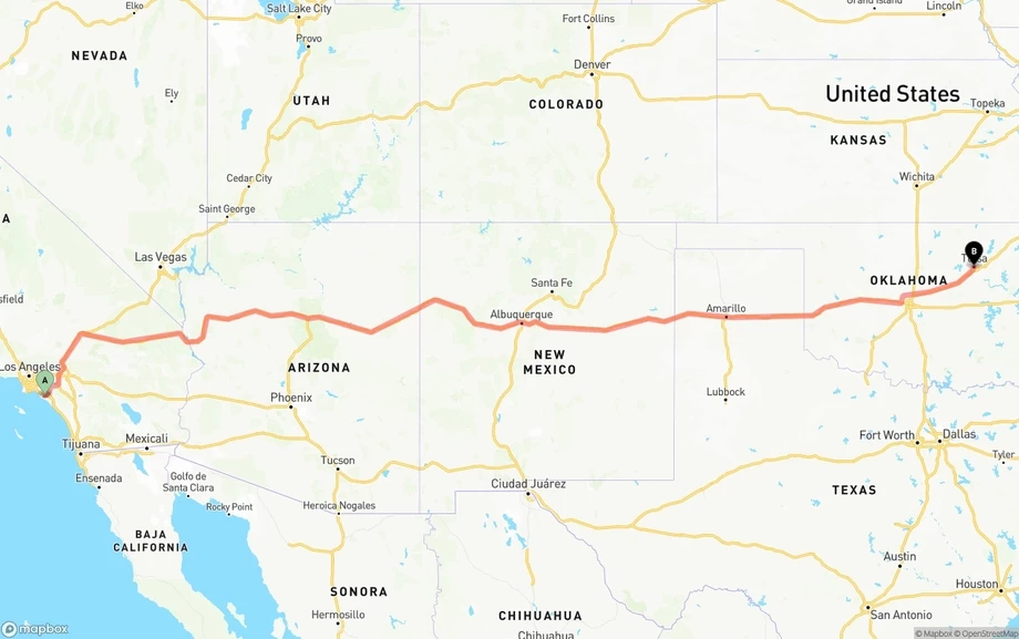 John Wayne Airport — Orange County to Tulsa freight shipping route map