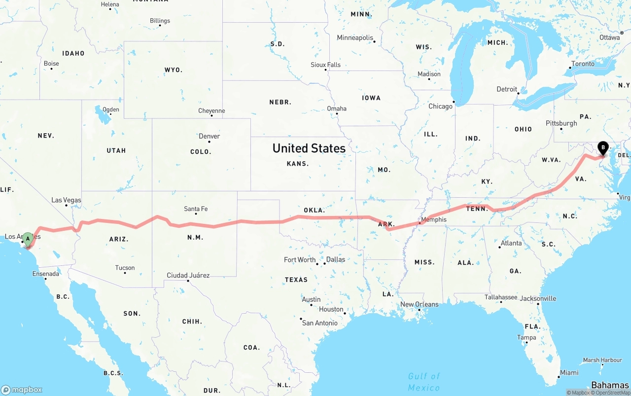 Shipping route from John Wayne Airport — Orange County to Washington D.C.