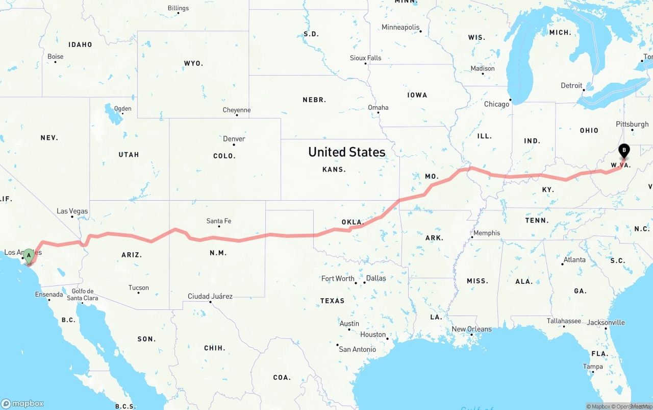 Shipping route from John Wayne Airport — Orange County to West Virginia