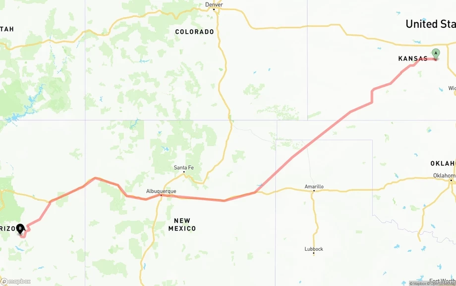 Kansas to Arizona freight shipping route map